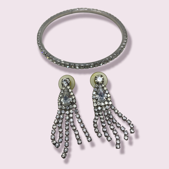 Vintage Clear Prong Set Rhinestone Chandelier Dangle Earrings + Bangle Bracelet - Picture 1 of 5